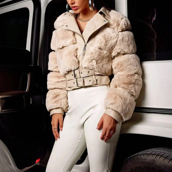 Khaki Preppy Women's Faux Fur Spliced Faux Leather Slim Jacket - Picture 6 of 6